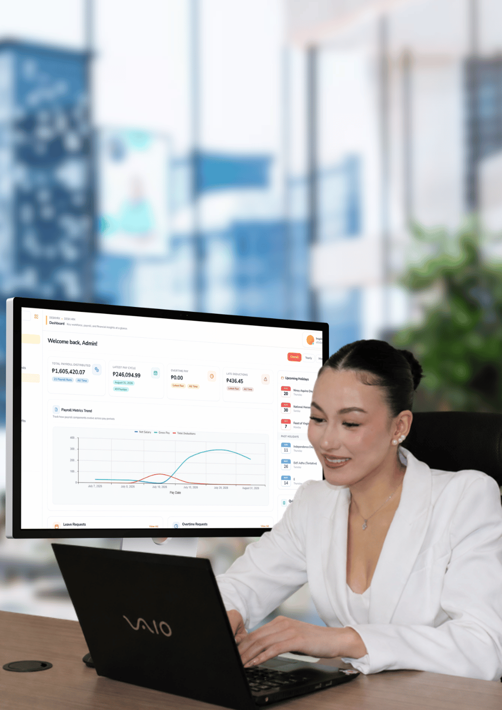 DeskHRX payroll dashboard displayed on a desktop monitor beside a laptop user